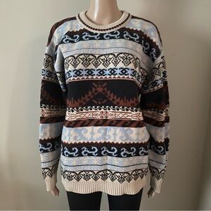 Vintage Crewneck Patterned Sweater in Light Blue, Brown & Black